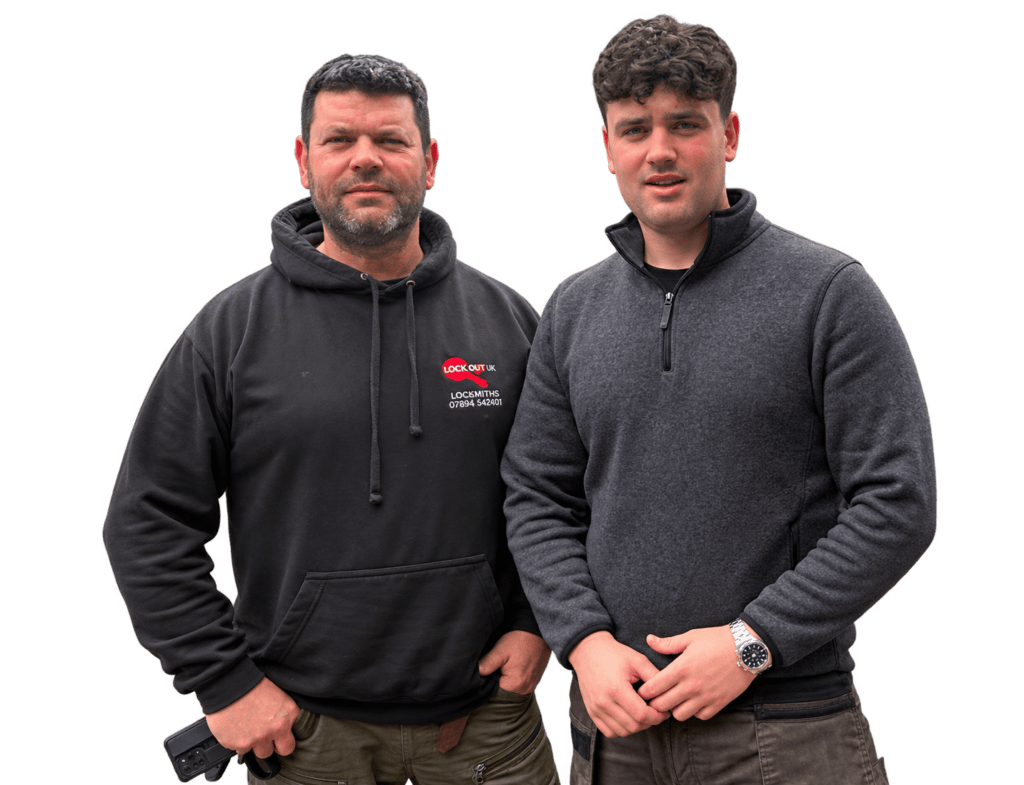 James and Jack, the father-and-son team at Lockout 24/7 Locksmiths, standing together.