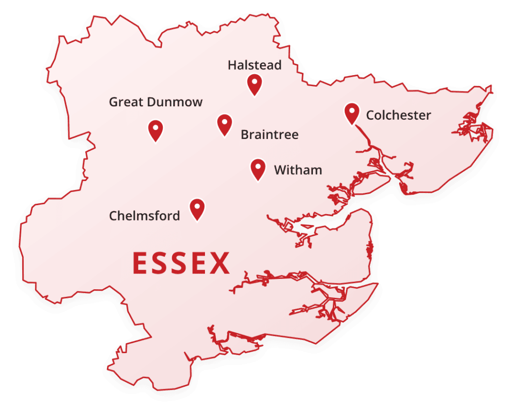 Map of Essex highlighting Braintree, Colchester, Chelmsford, Halstead, Witham and Great Dunmow.