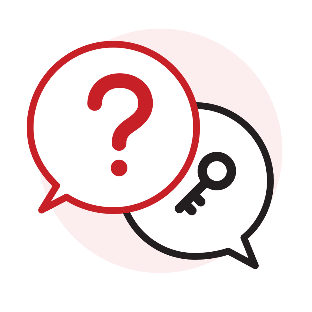 Red and charcoal speech bubbles containing a question mark and a key.