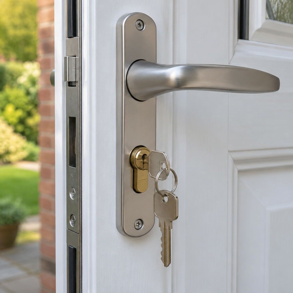 Keys in a brass lock cylinder beneath a silver handle on a white uPVC door