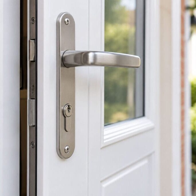 Close-up of a silver handle and cylinder lock on a slightly open white uPVC door.