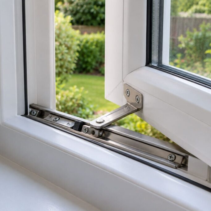 Metal hinge on a partly open white uPVC window