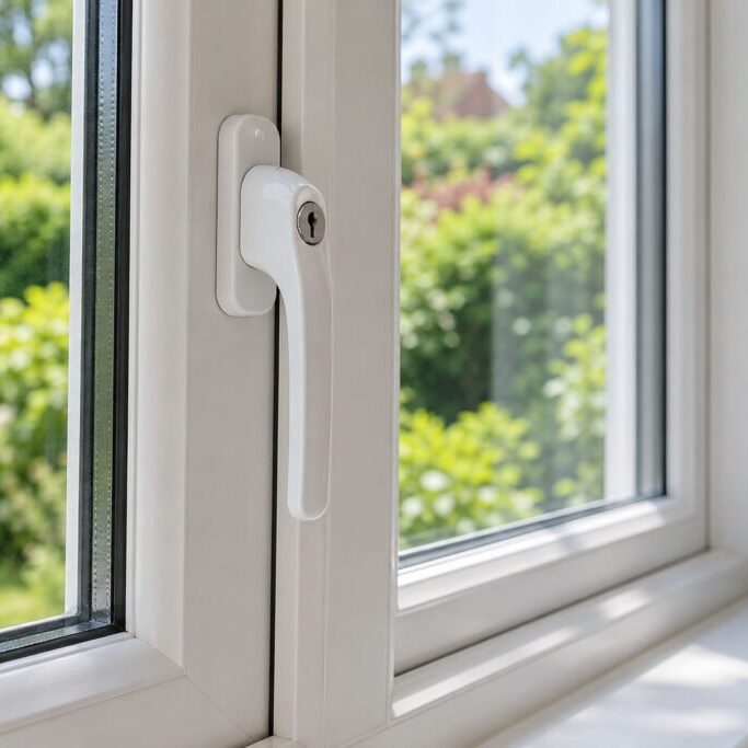 Lockable white handle on a closed uPVC window
